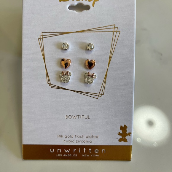 Disney Three Pair Silver Plated Two Tone Rose Gold Heart And Bezel Cubic Zirconi - Picture 4 of 7